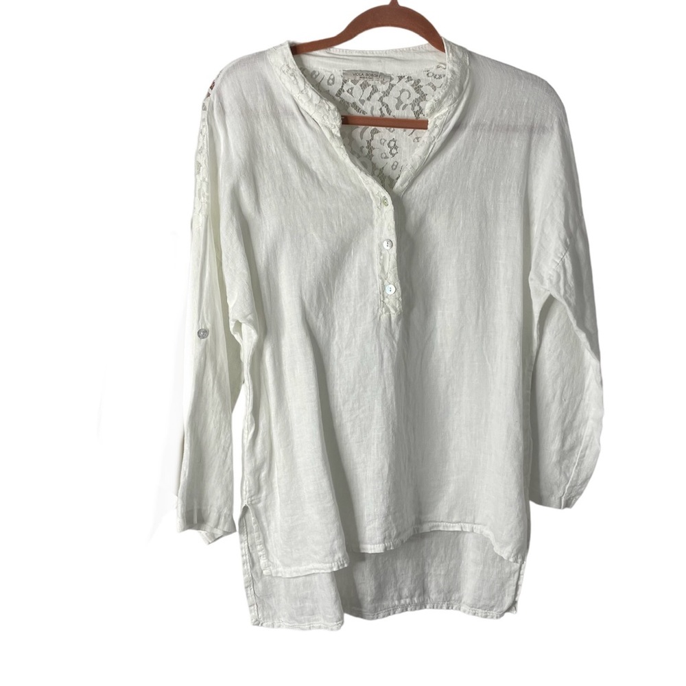Viola Borghi Womens Top Sz L V-Neck Tab Sleeves 3/4 Button Up White Linen Hi-Lo